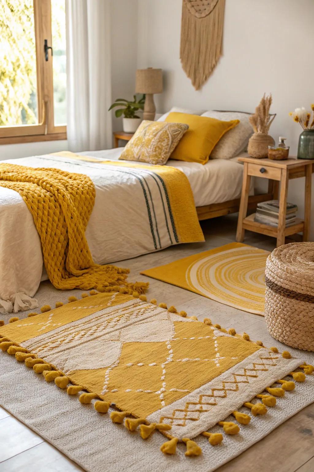 A bedroom exhibiting layered floor coverings displaying wheat design highlights.