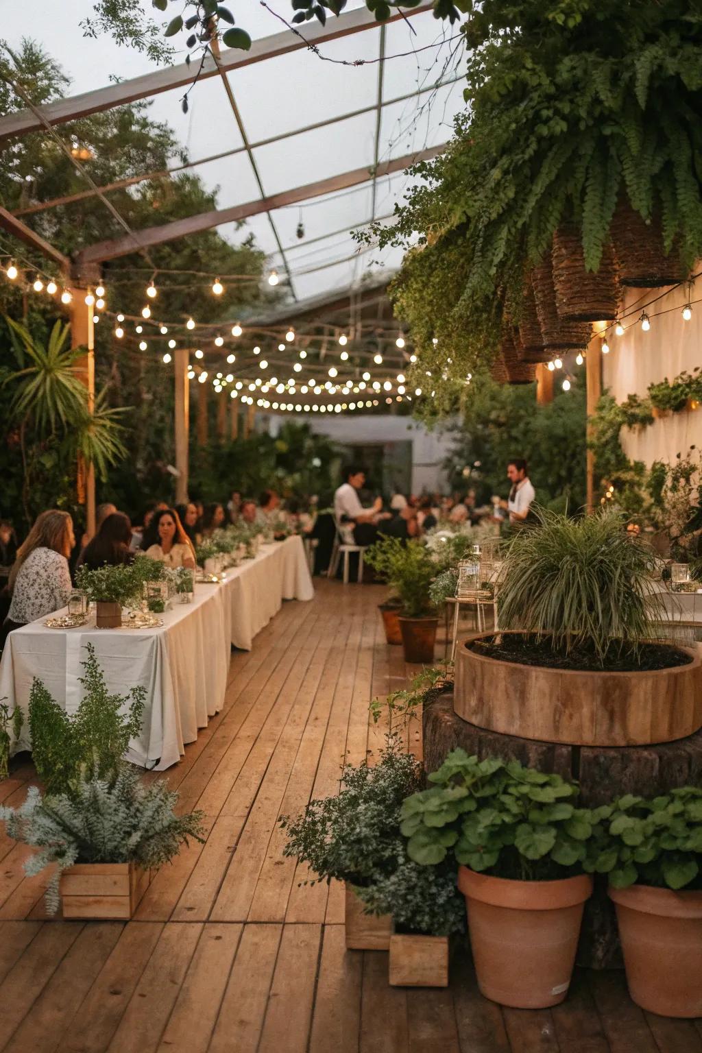 Earth-friendly decorations using potted flora creates a chic and modern setting.