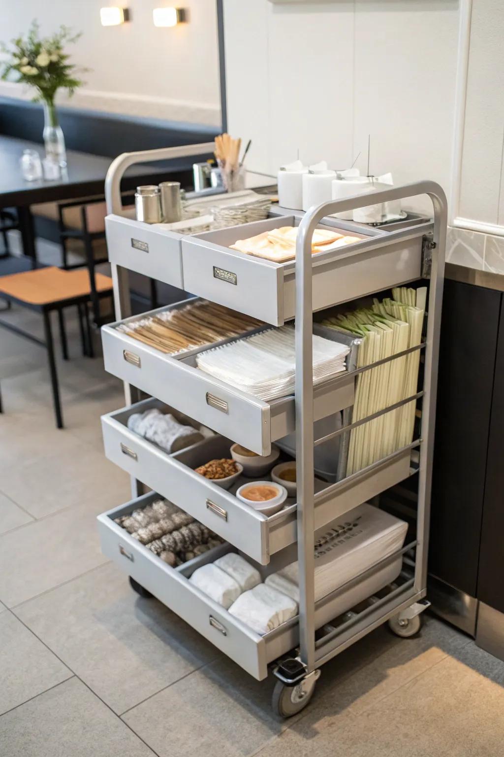 A mobile solution for napkin storage with a convenient rolling cart.