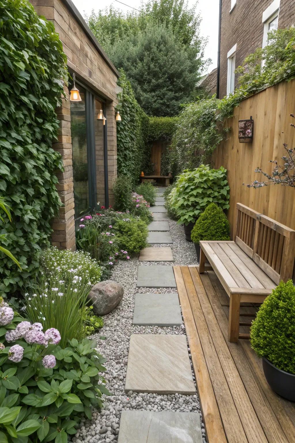 A mix of materials adds texture and intrigue to a narrow garden.