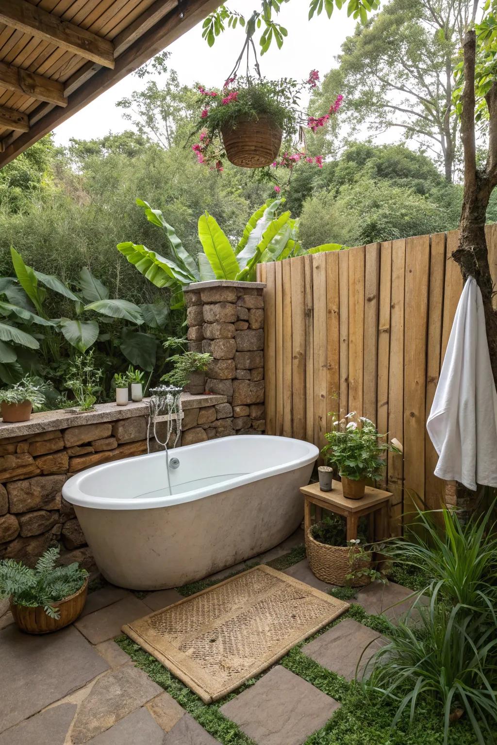 Create a countryside haven with wooden features around your bath.