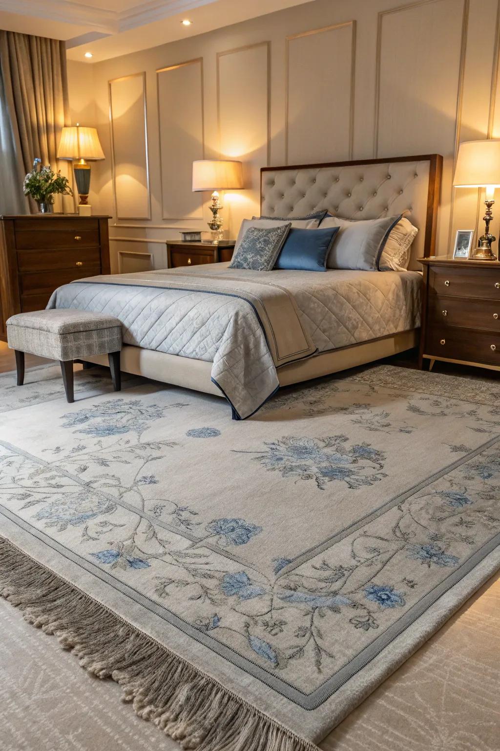 A grey rug with blue accents perfectly anchors this stylish bedroom.