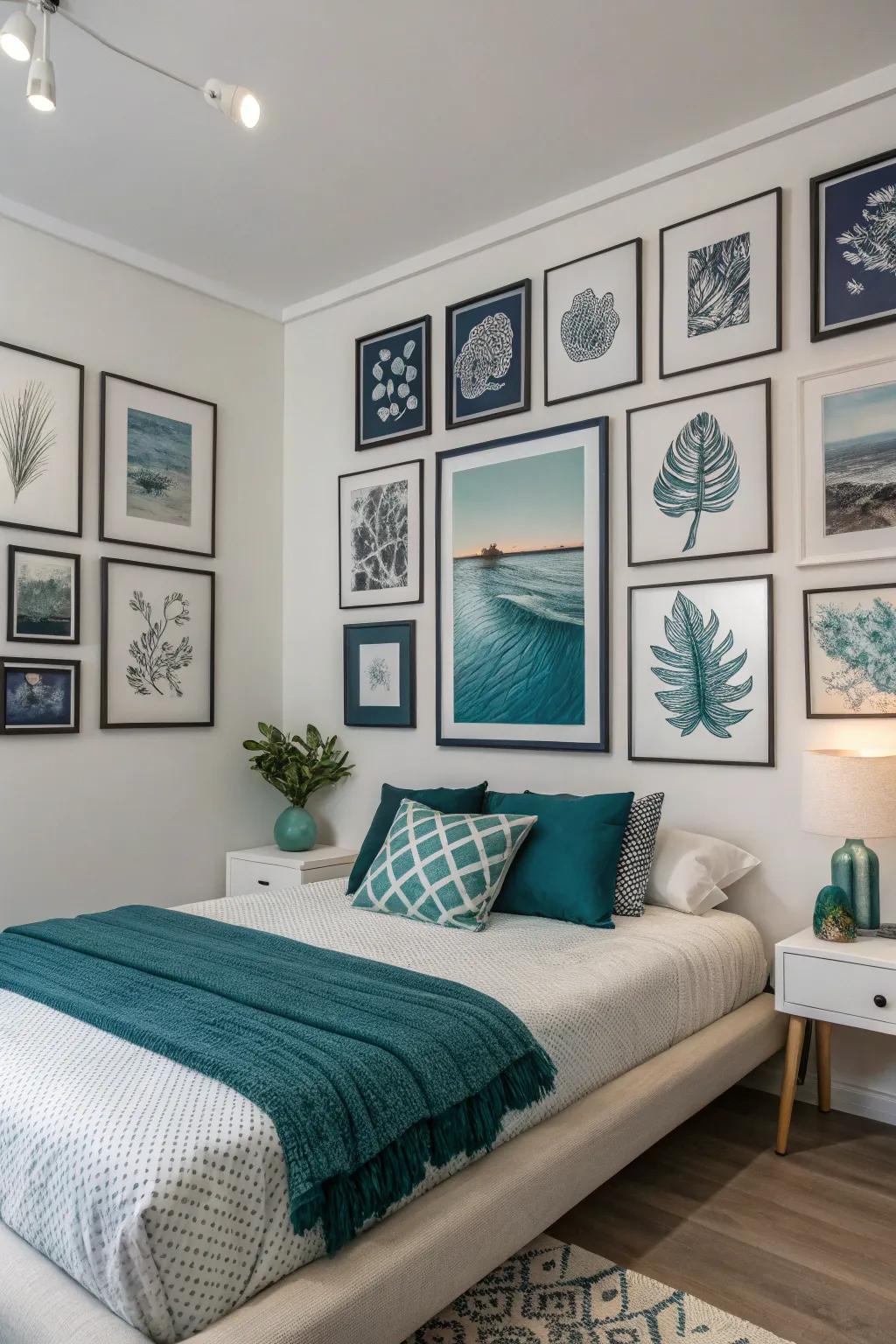 A gallery wall introduces character and maintains a cohesive color story.