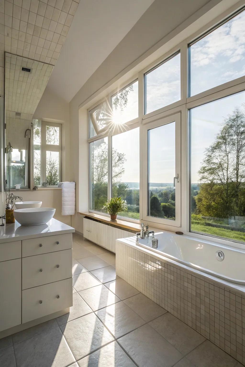 Ambient illumination enhances the neutral tones in this bathroom.