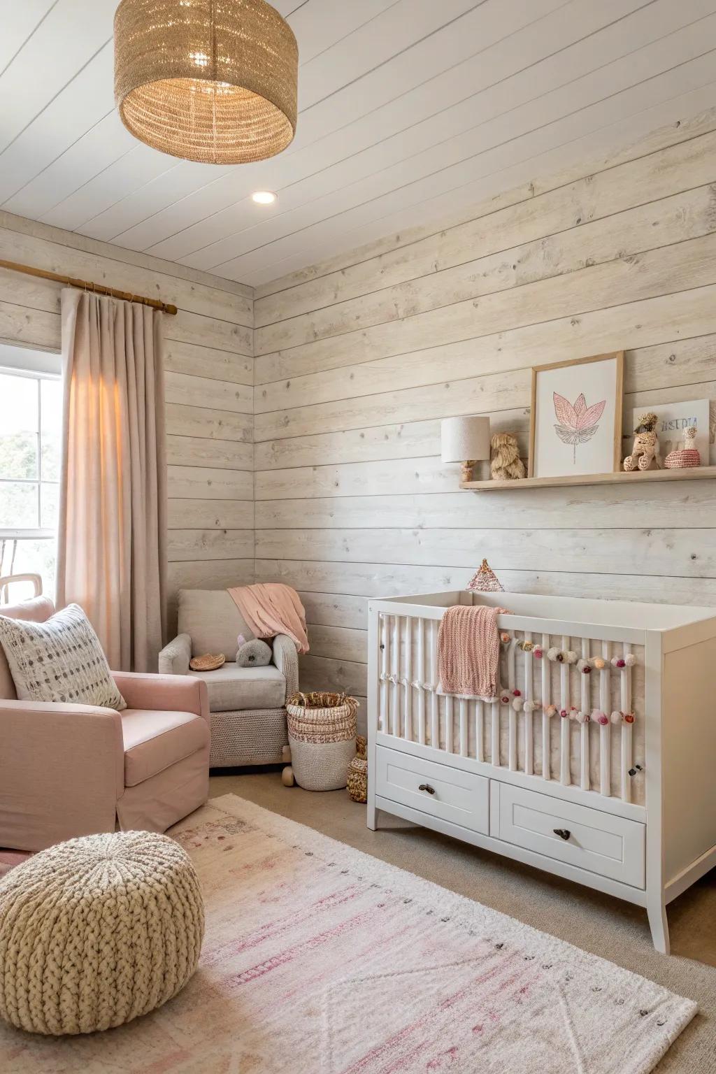 A baby room featuring textured wall detailing.