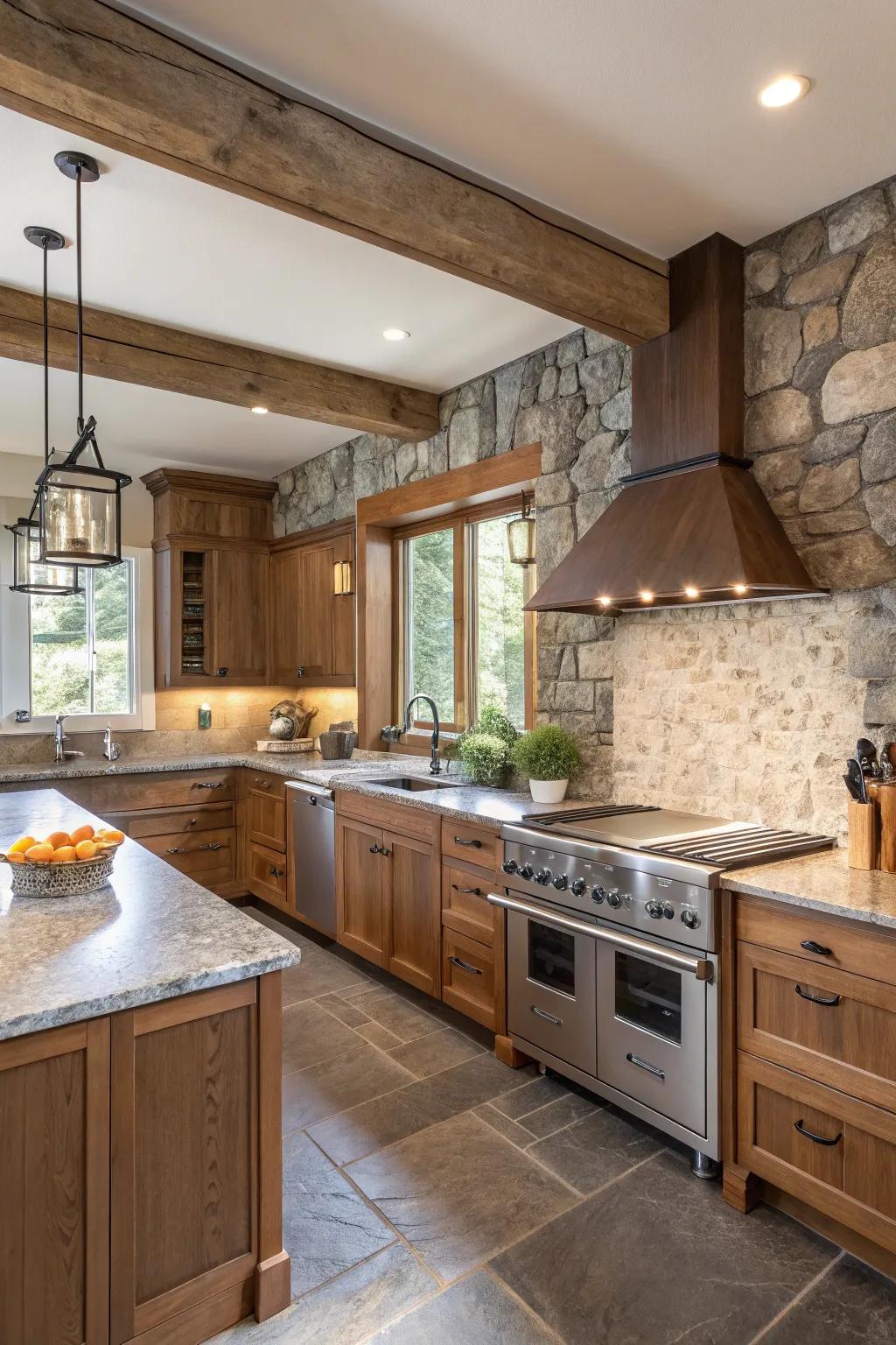 A cooking area ingeniously joining a variety of resources, thus culminating in a full and textured ambiance.