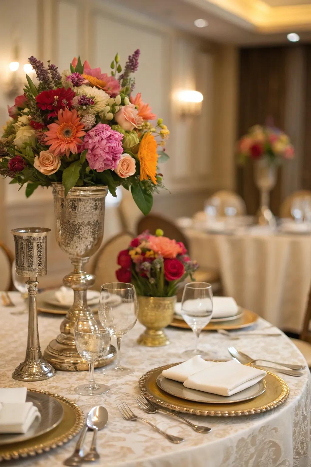 Innovative floral arrangements featuring striking metallic vases.