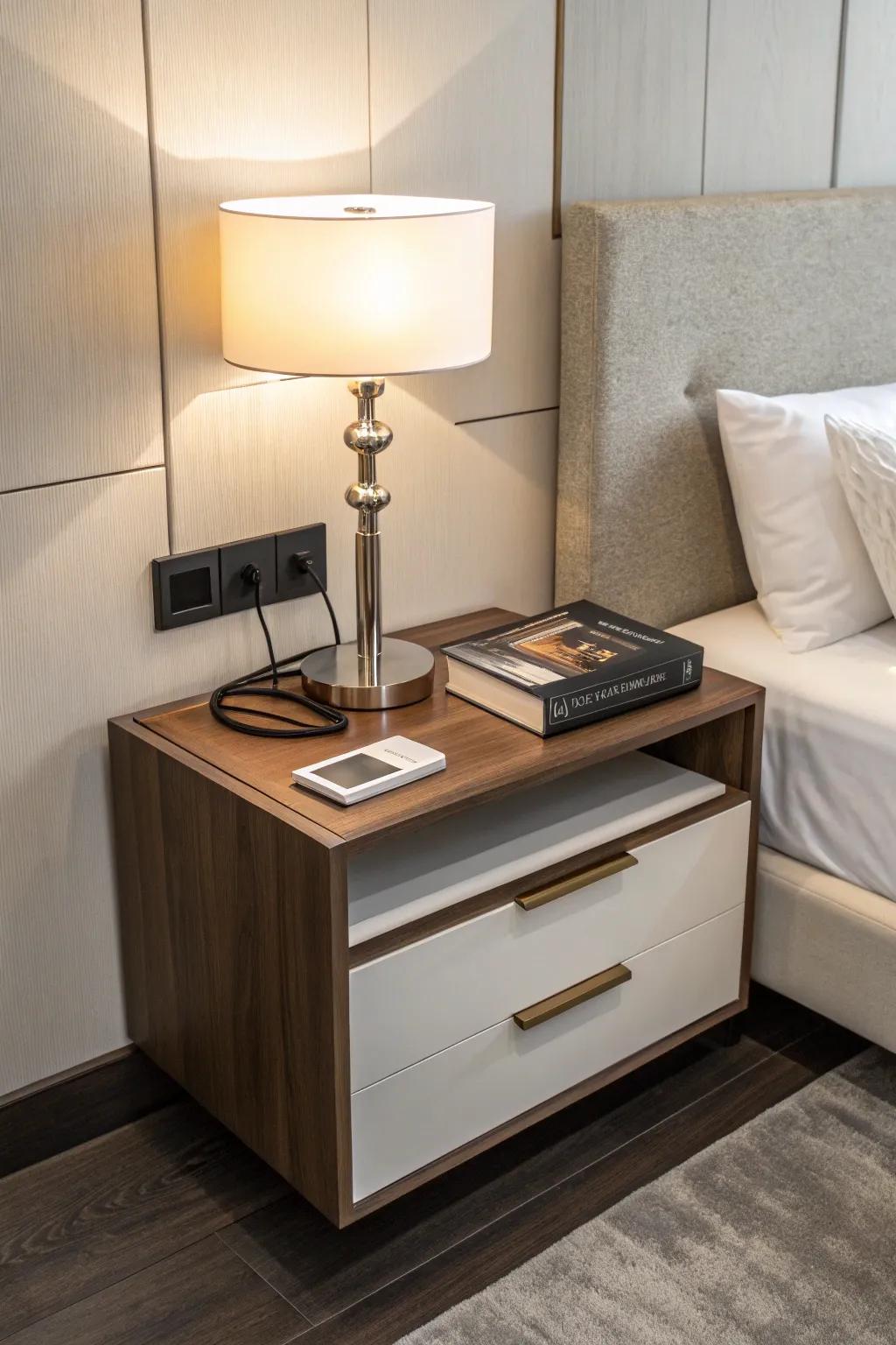Maximize space with a sleek wall-mounted nightstand design.