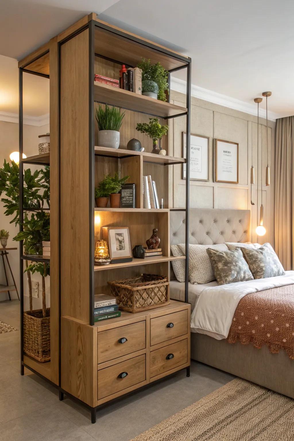 Room dividers can function as fashionable storage.