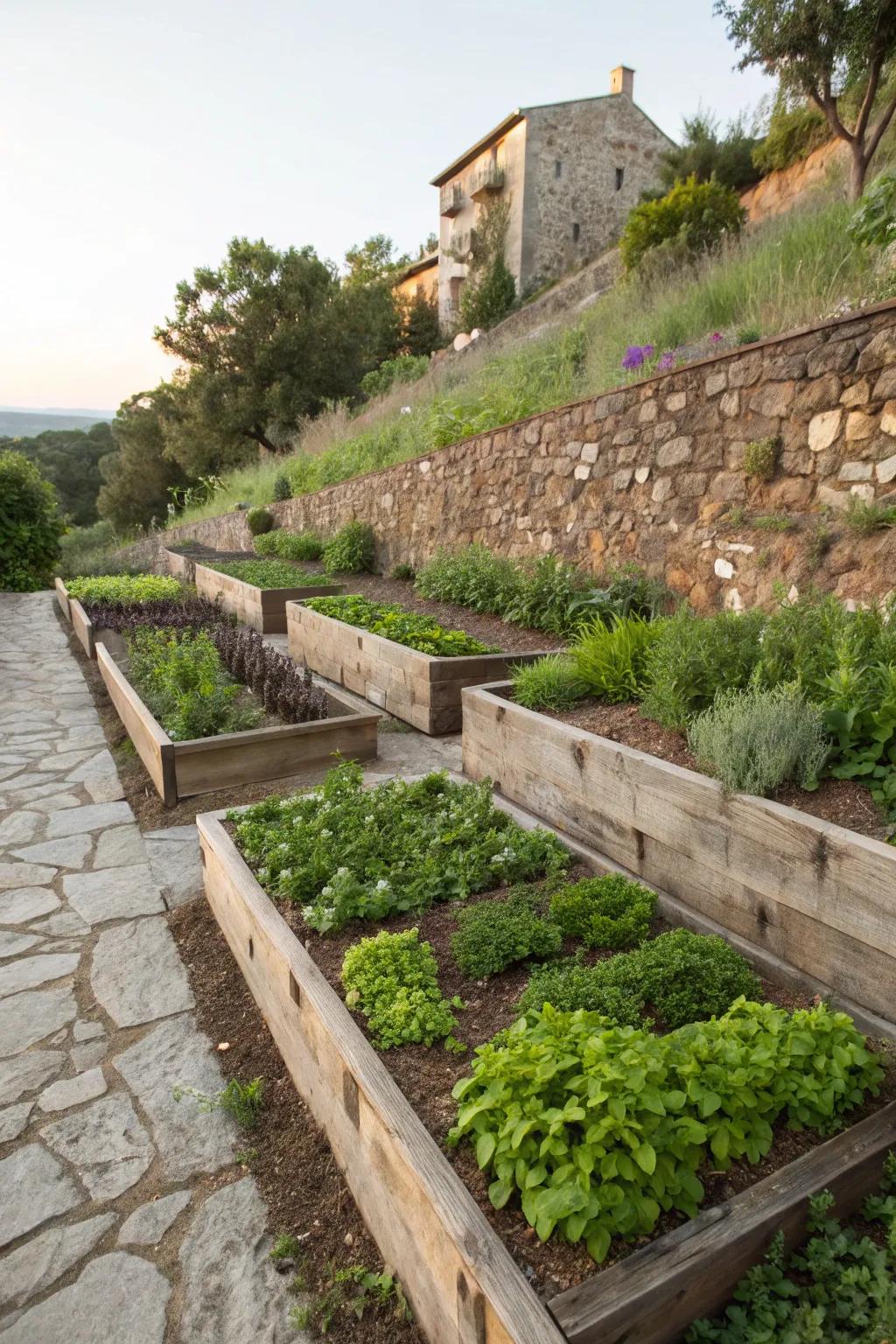 A practical and attractive garden with raised beds on a slope.