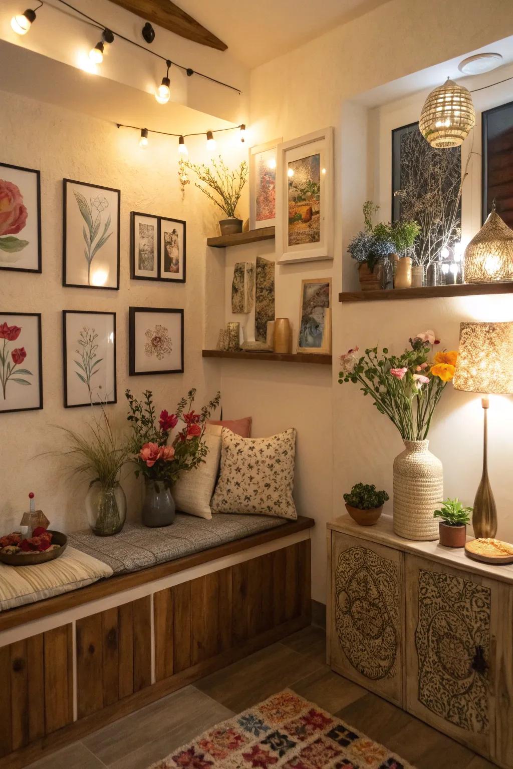 A customized nook brimming with unique ornamental decorations.