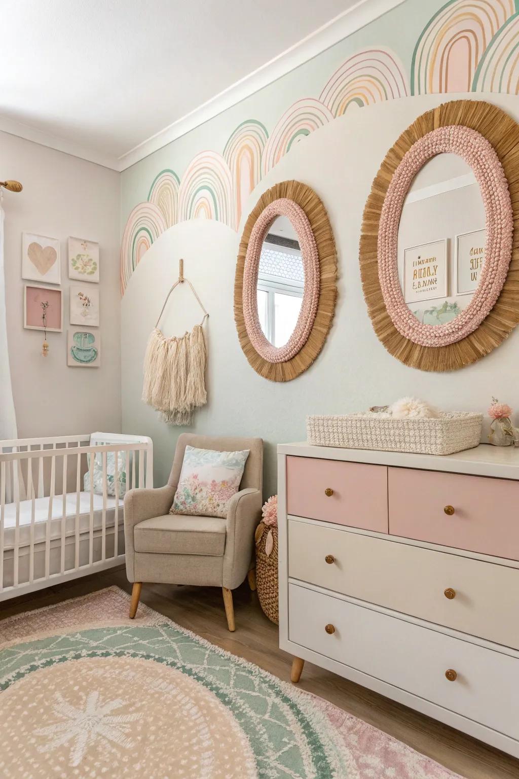 The soft tones of the pastel mirror frames blend flawlessly with the nursery’s color scheme.