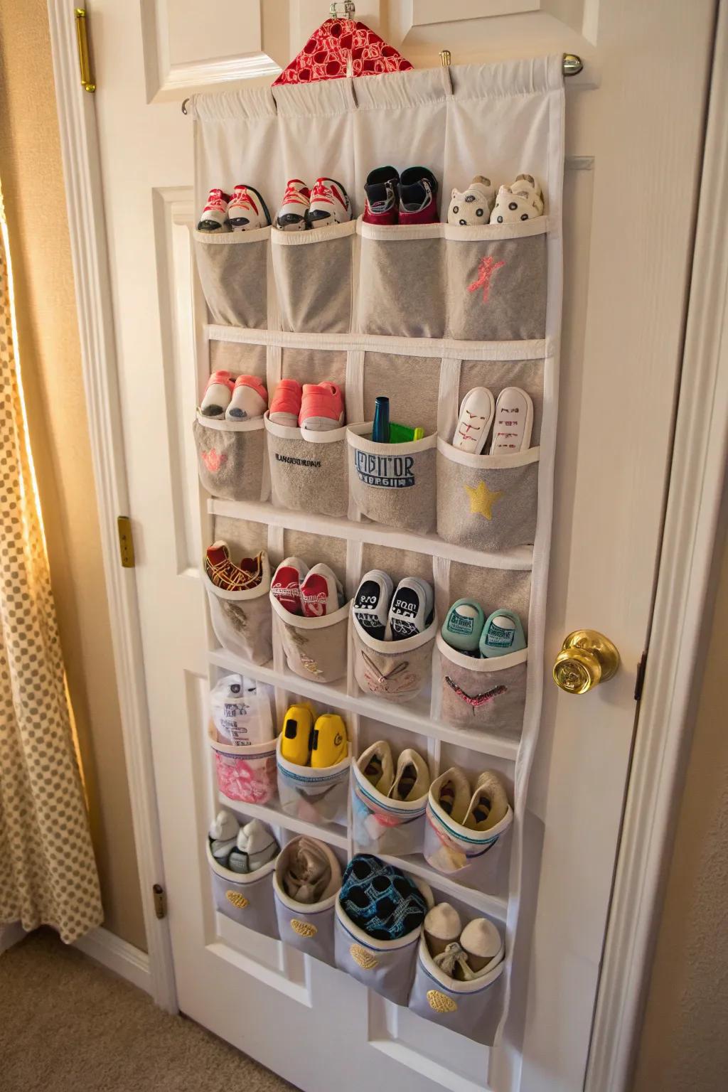 Innovative use of a footwear organizer for housing baby essentials in the nursery.