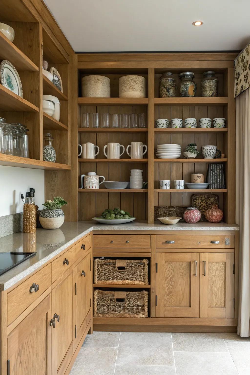 Uncovered racking introduces a personalized and airy touch to oak kitchens.