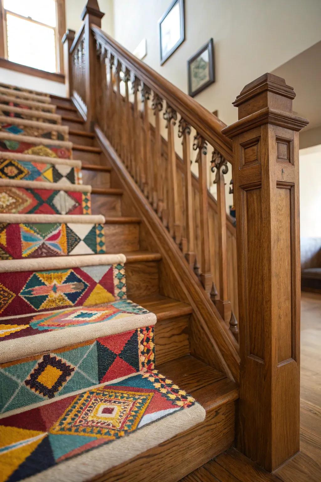 A vibrant stairway runner infuses both warmth and style into an oak stairway.