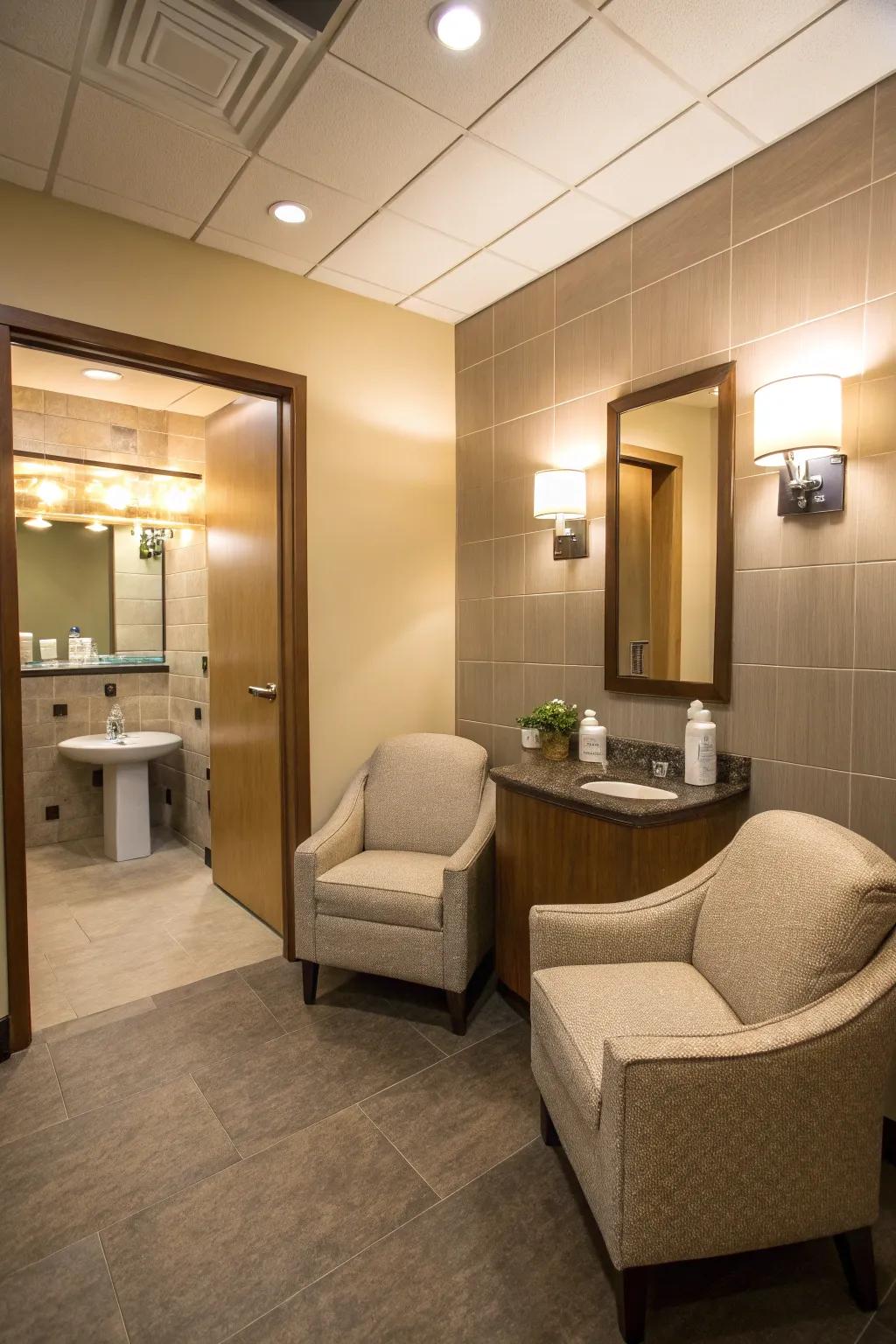 A seating area adds a touch of comfort and relaxation to the office restroom.