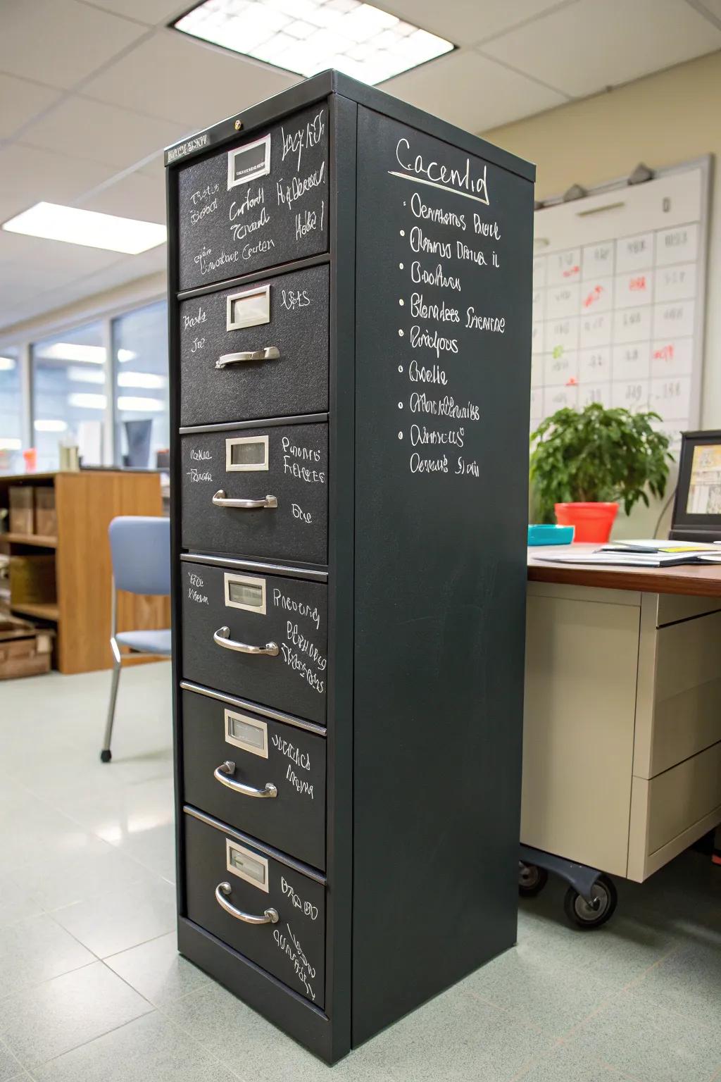 Optimize fun and organization with chalkboard file cabinets.