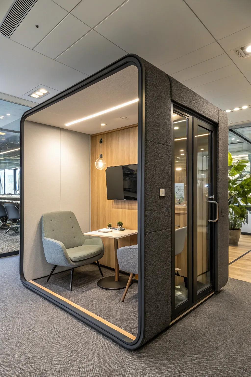 A private pod offering solitude in a busy office.