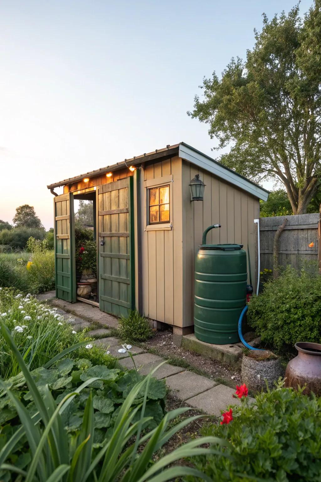 A garden outbuilding ingeniously masking a fuel container, painted to match the surroundings.