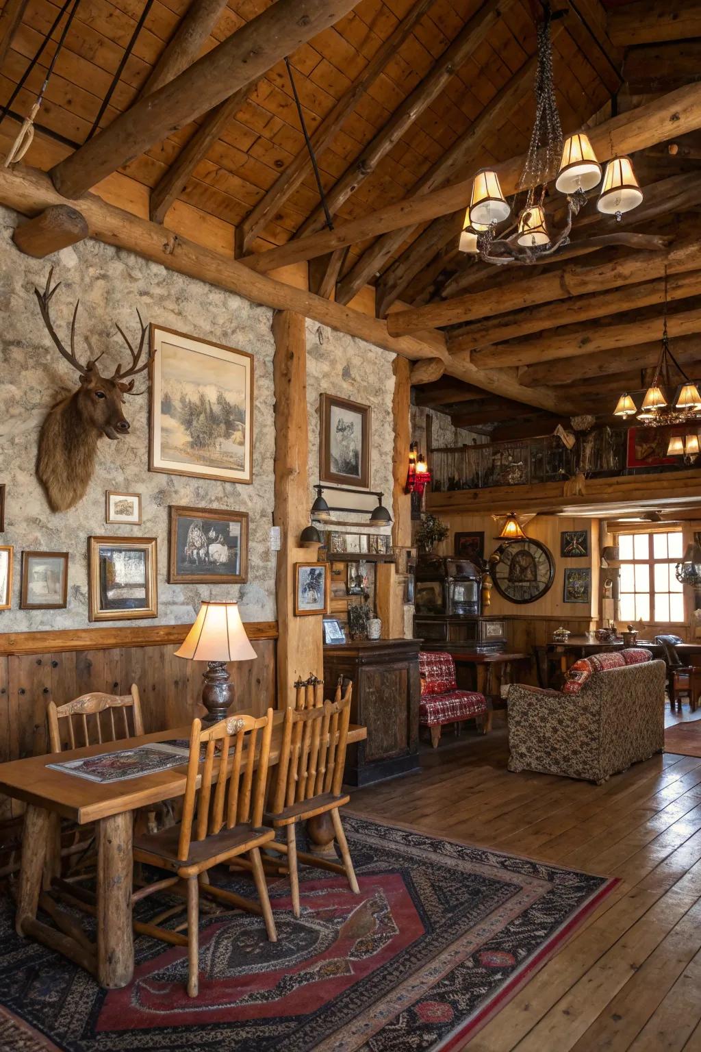 Country-style lodge interior featuring charming historical and antique decor pieces.