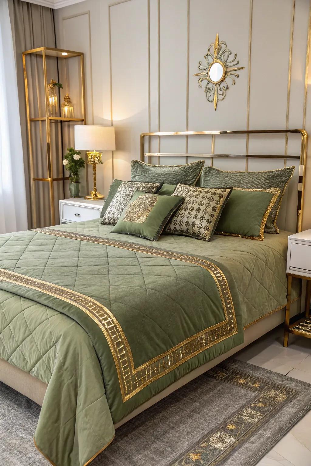 The sophisticated appeal of olive green bedding is enhanced through the addition of gold accents.
