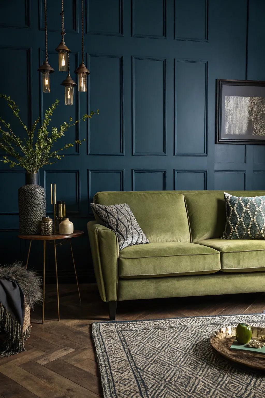 Profound tints generate a striking contrast with a verdant settee.