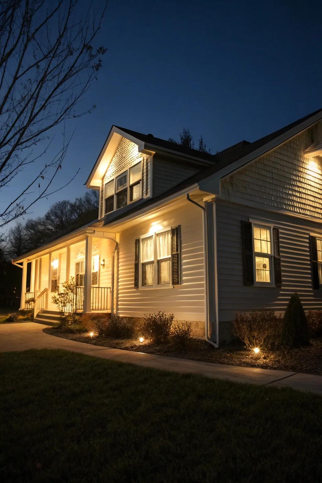 Exterior lighting adds drama and highlights the siding beautifully.