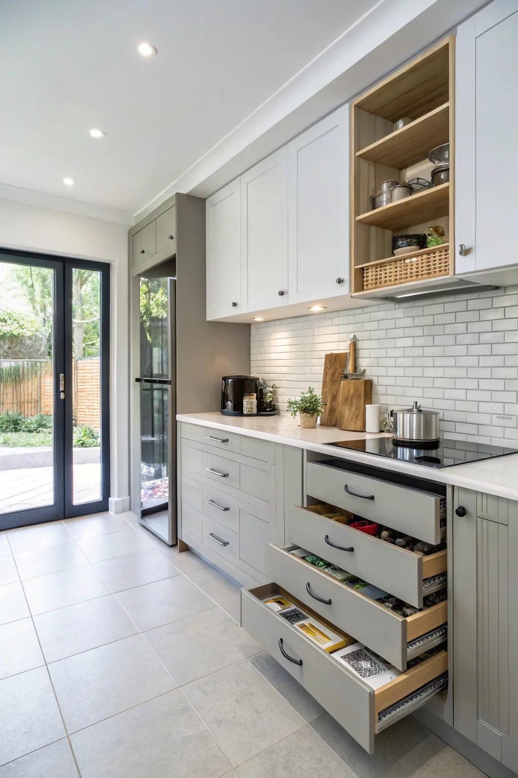 Creative storage ideas keep a one-wall kitchen organized and tidy.