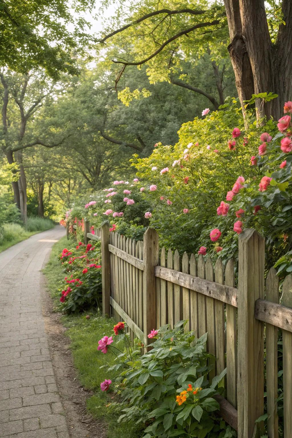 Smooth integration with natural wood fencing in garden landscapes.