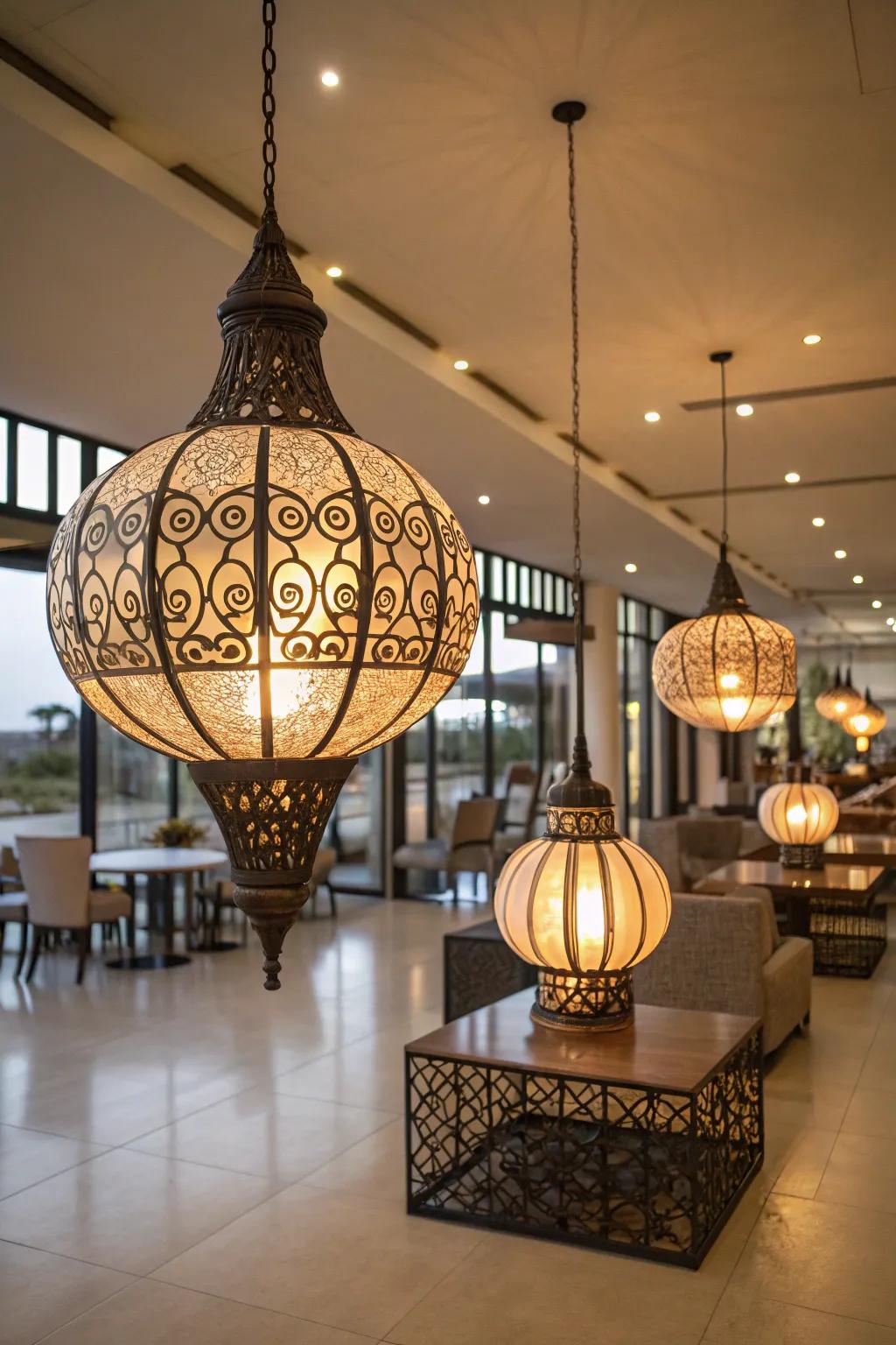 Decorative lighting enriching an open area with dimension and character.