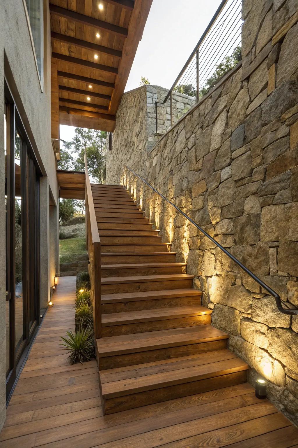 A stone backdrop adds texture to this stylish open staircase.