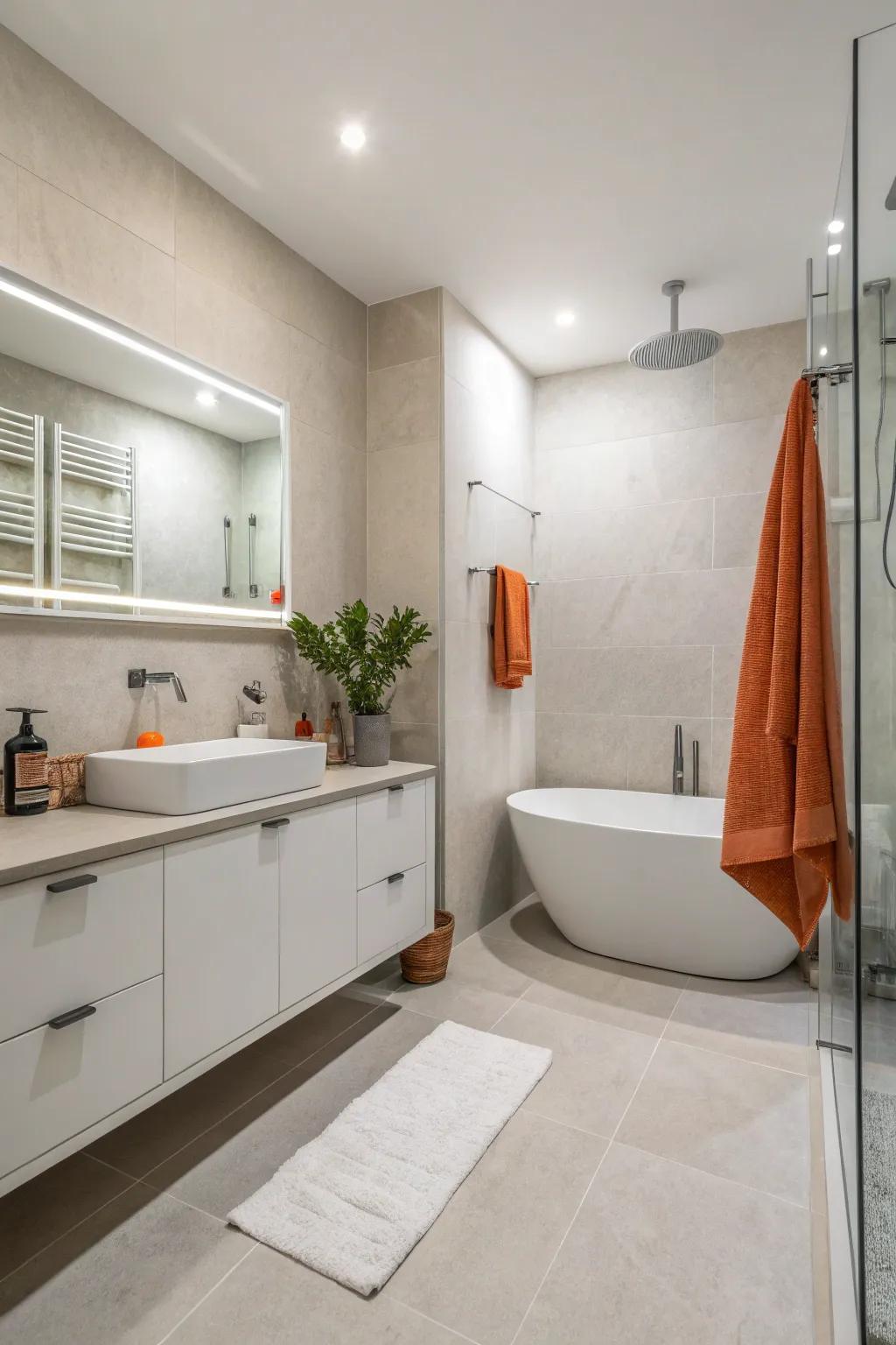 Minimalist bathroom featuring neutral tones and sparse orange decor.