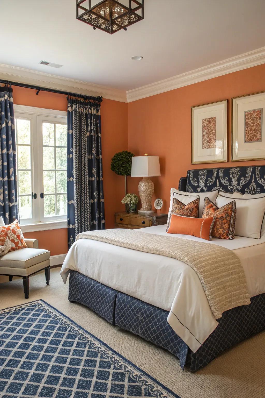Orange and navy forge a striking and sophisticated aesthetic.