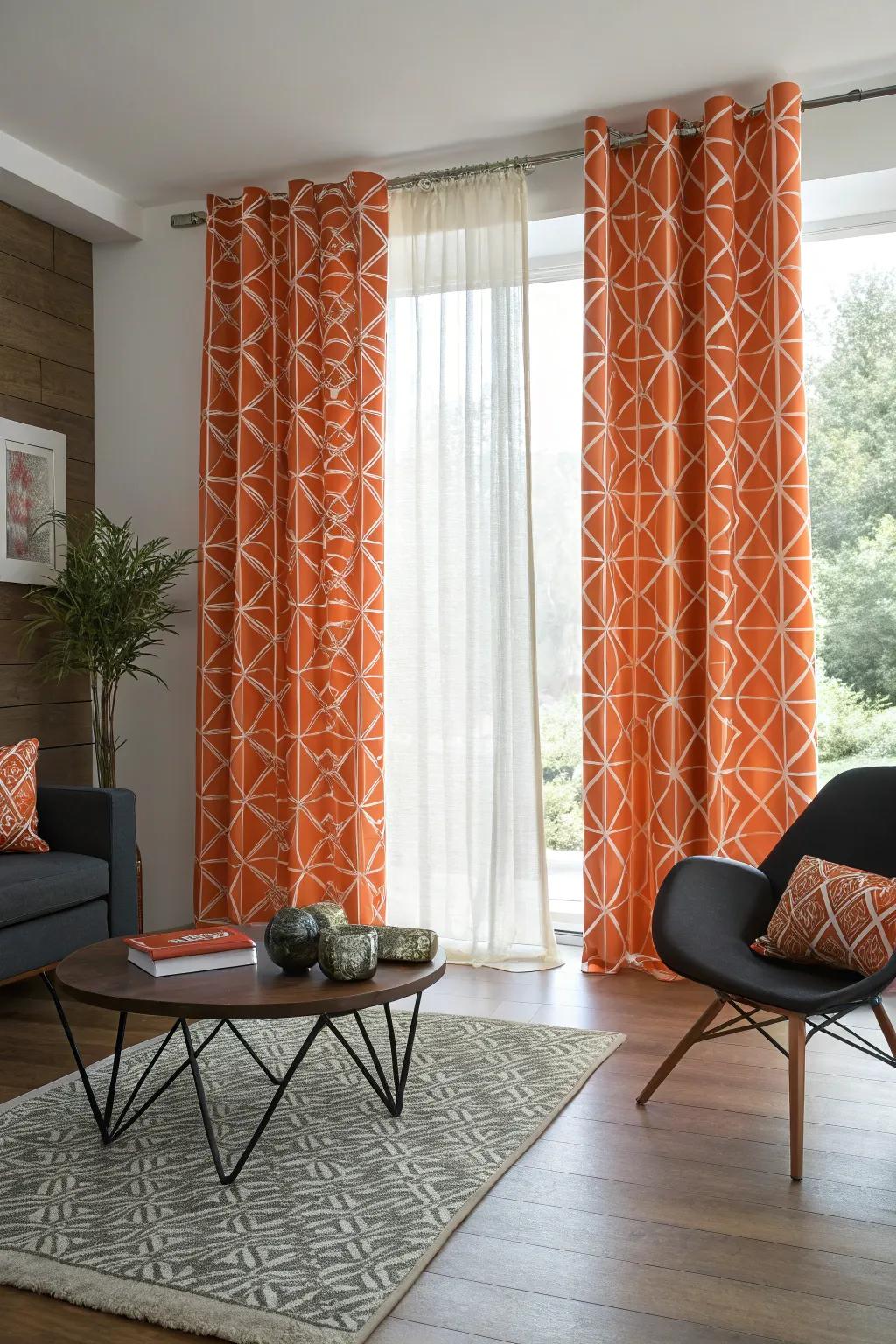 Geometric orange window coverings adding a modern flair.