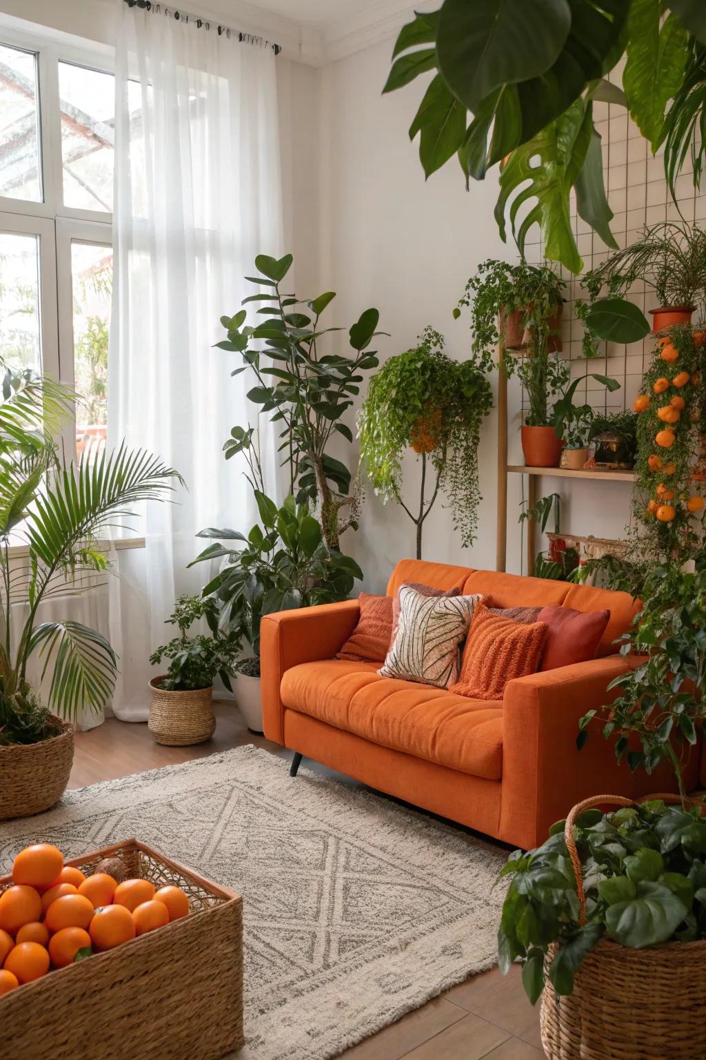A living space featuring orange design and organic elements like plants.