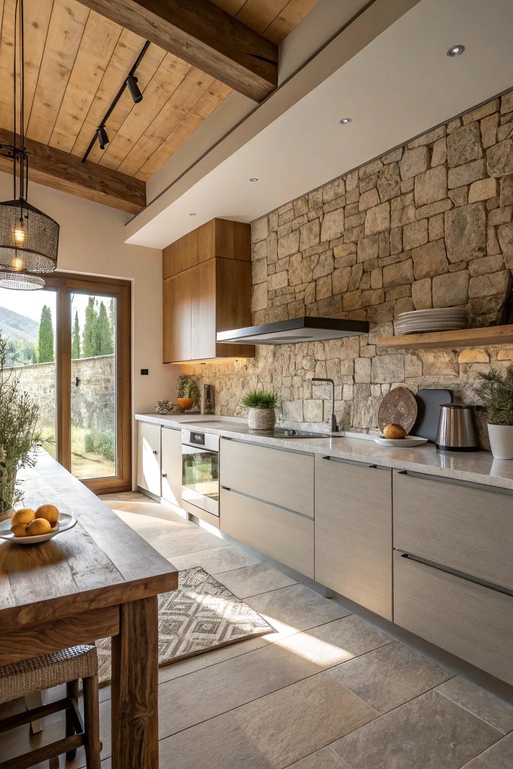 Layered textures introduce richness and enhance the depth of the kitchen's aesthetic.