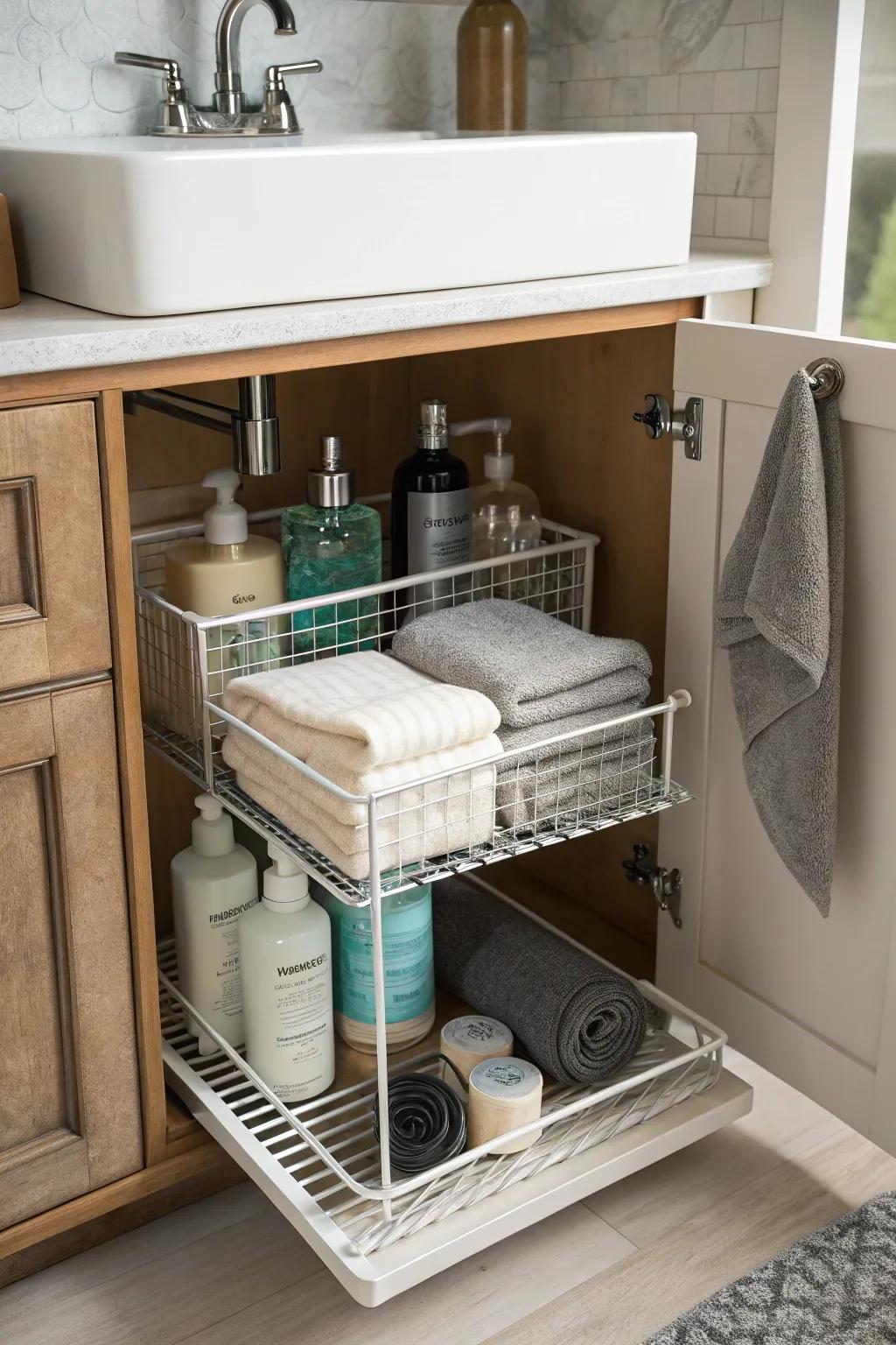Wire shelves provide airy, adjustable storage options.