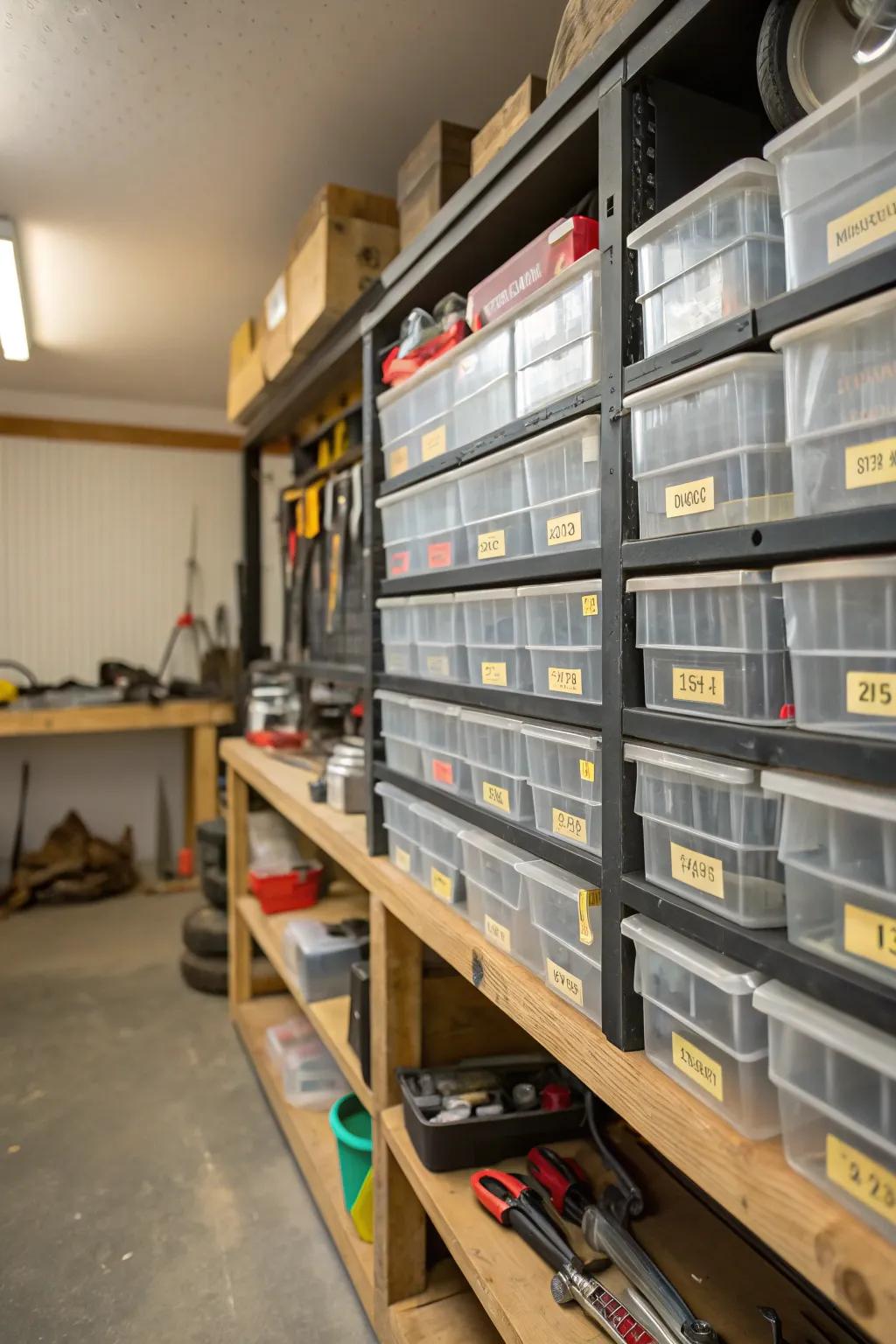 Transparent bins and labels maximize utility shelf organization