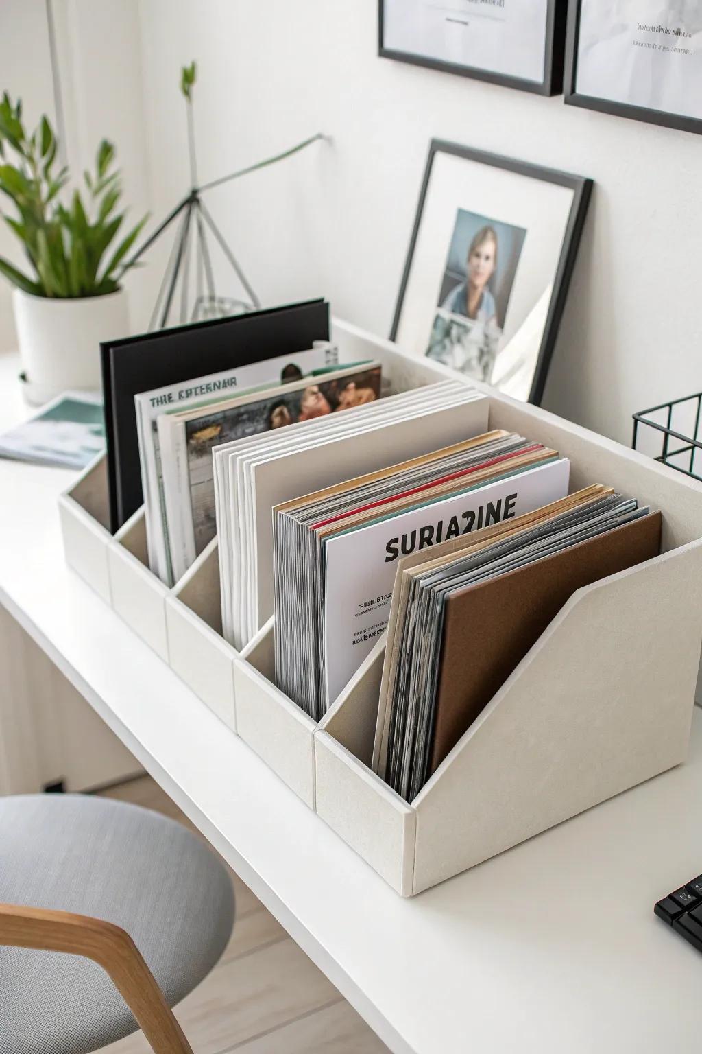 Magazine files keep papers neat and reachable.