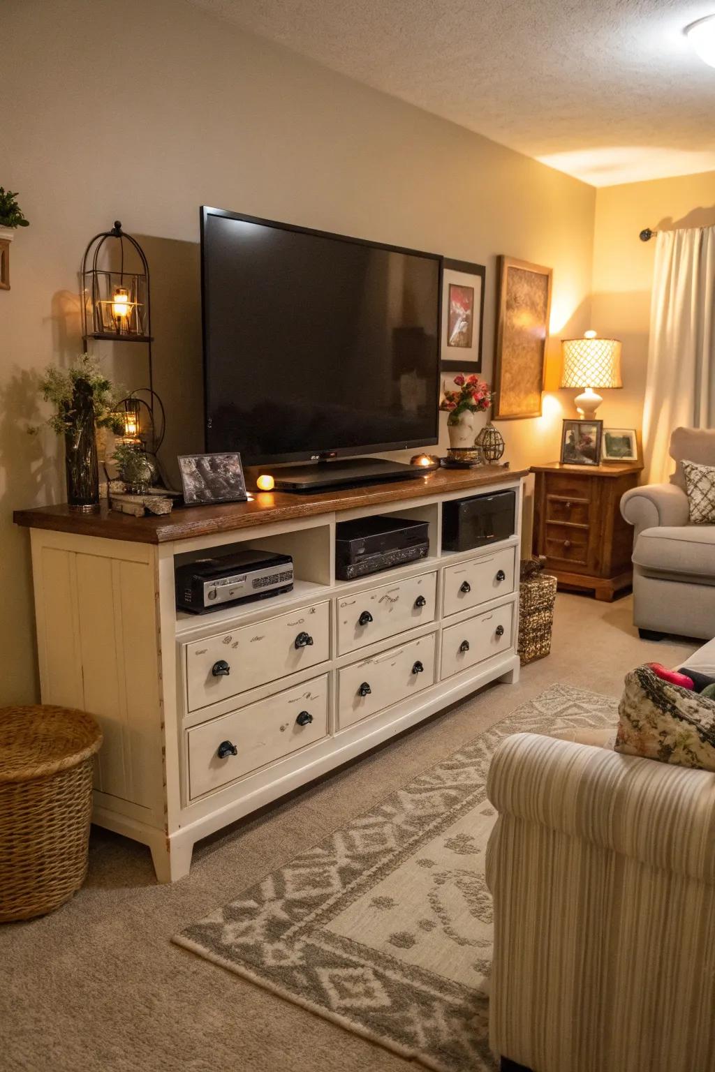 Using a dresser as a media center maximizes storage possibilities.