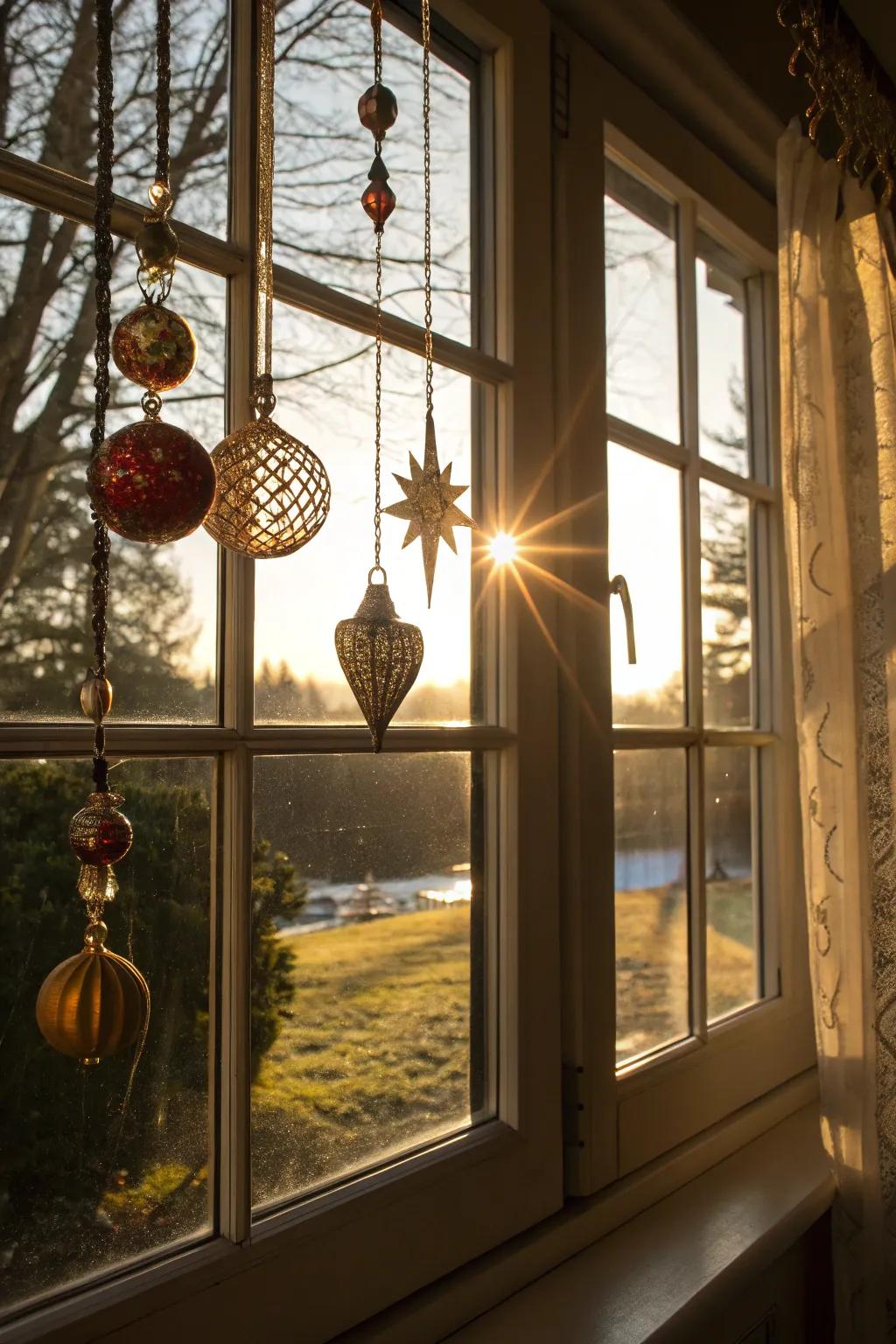 A mesmerizing suspended window display showcasing ornaments.