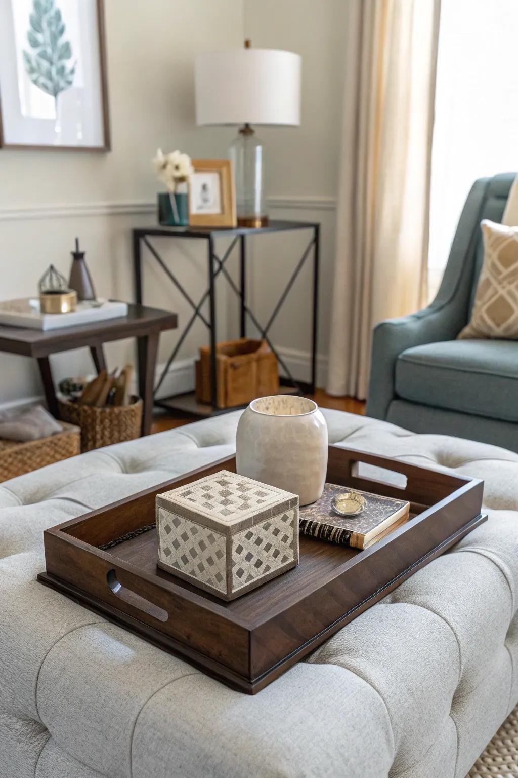 Combine functionality with style using coasters and boxes.