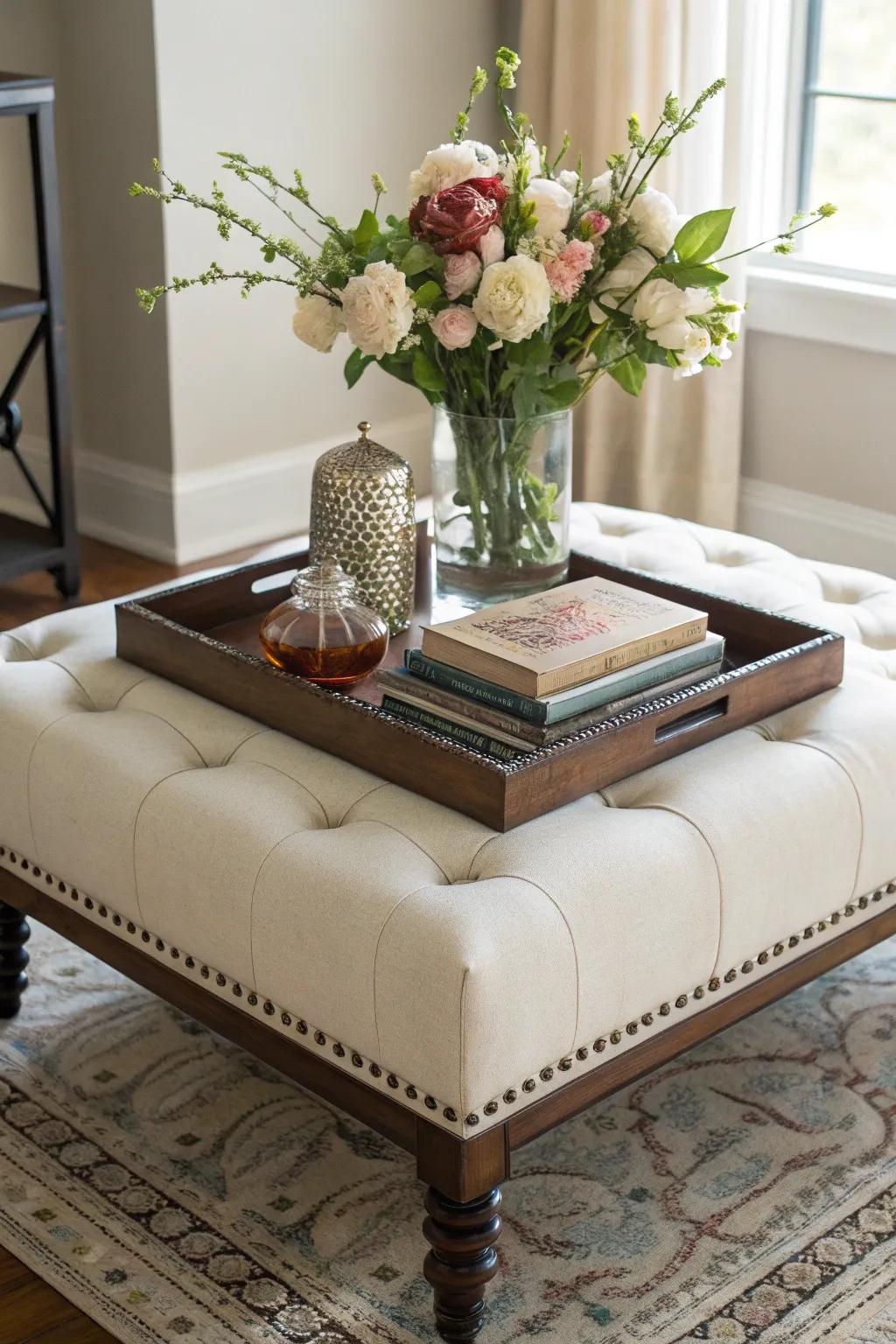 An ornamental surface atop an ottoman for added flair