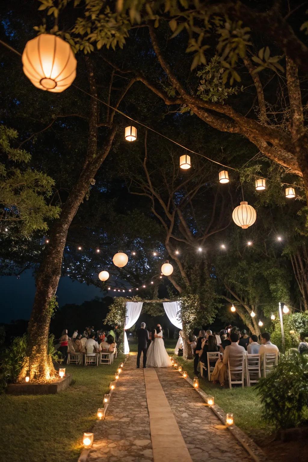 An assortment of luminaries introduce a gentle and inviting radiance to the wedding location.