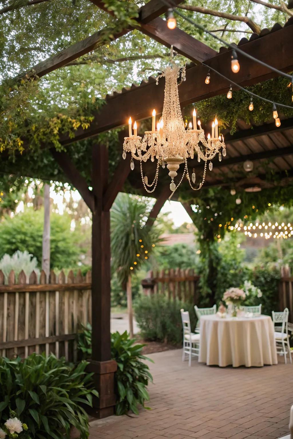 Give an old chandelier new life with a recent outdoor-friendly makeover.
