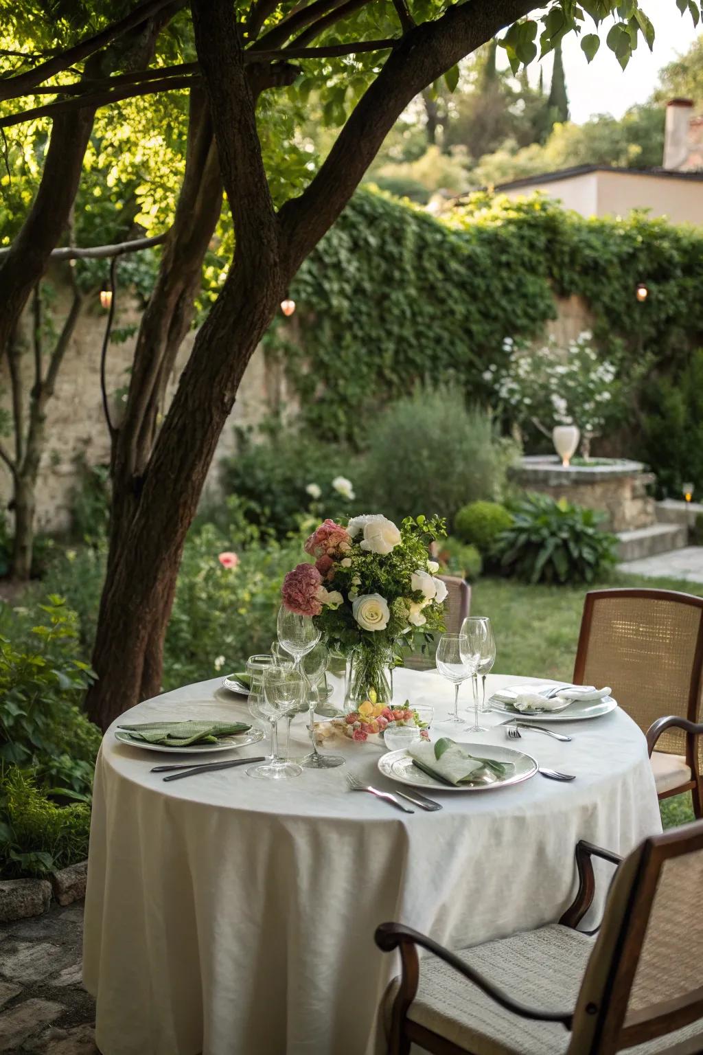 A secluded dining vicinity in a verdant garden setting.