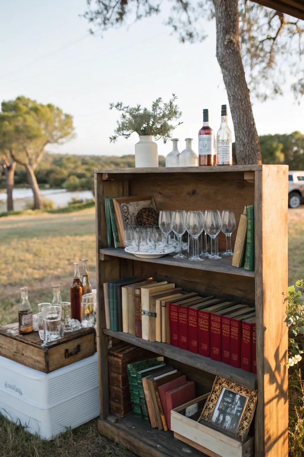 A repurposed book storage unit creates a practical and fashionable refreshment station.
