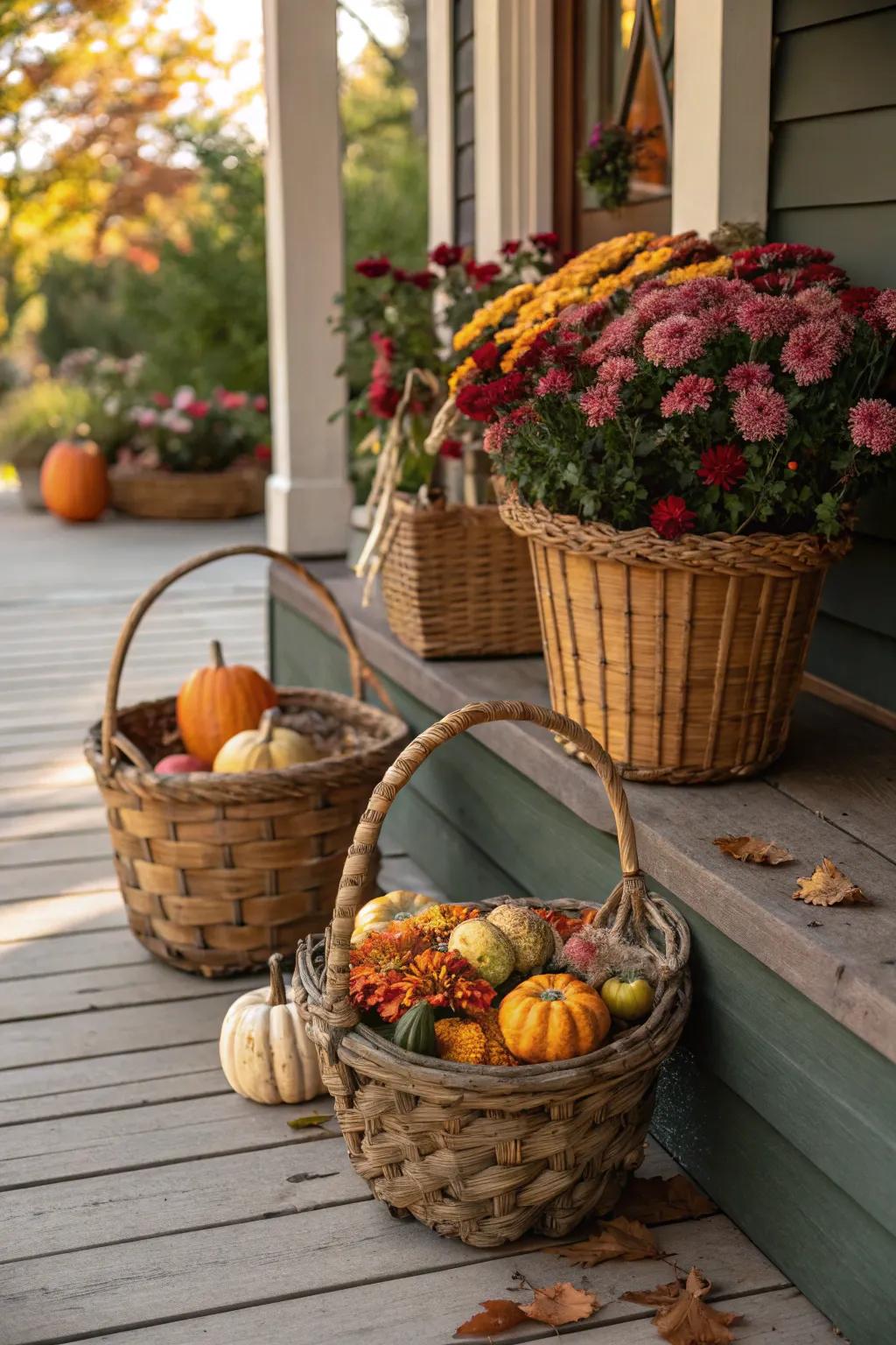 Countryside containers brimming with squashes and blossoms enrich this patio.