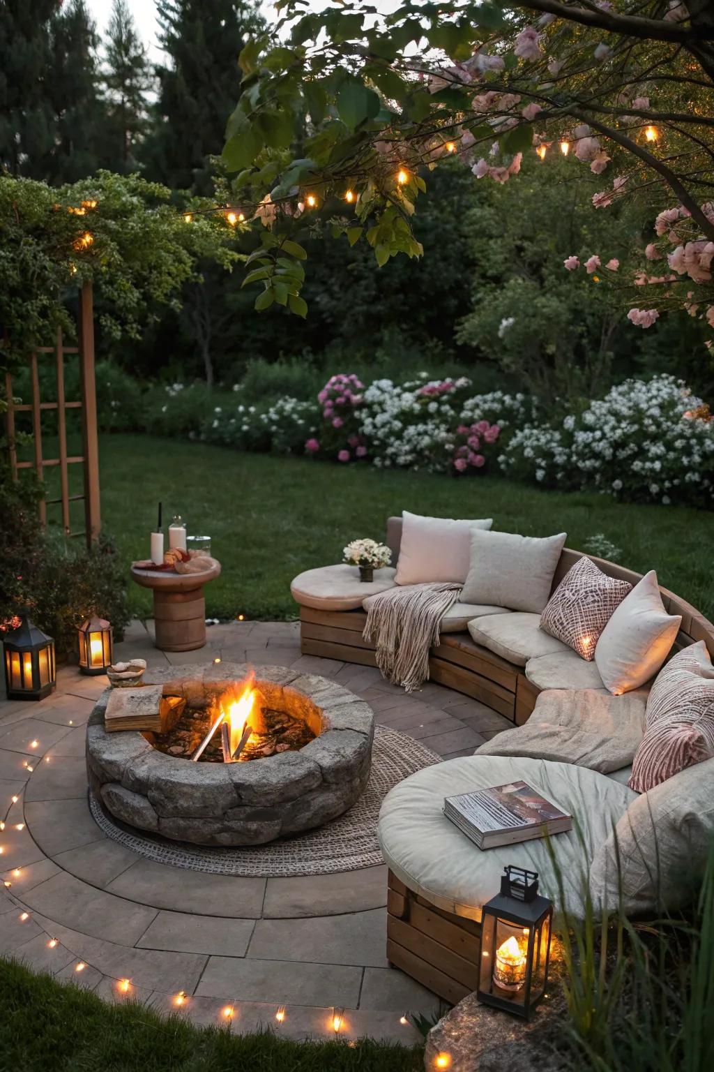 A fire spot creates a warm gathering spot in the garden.