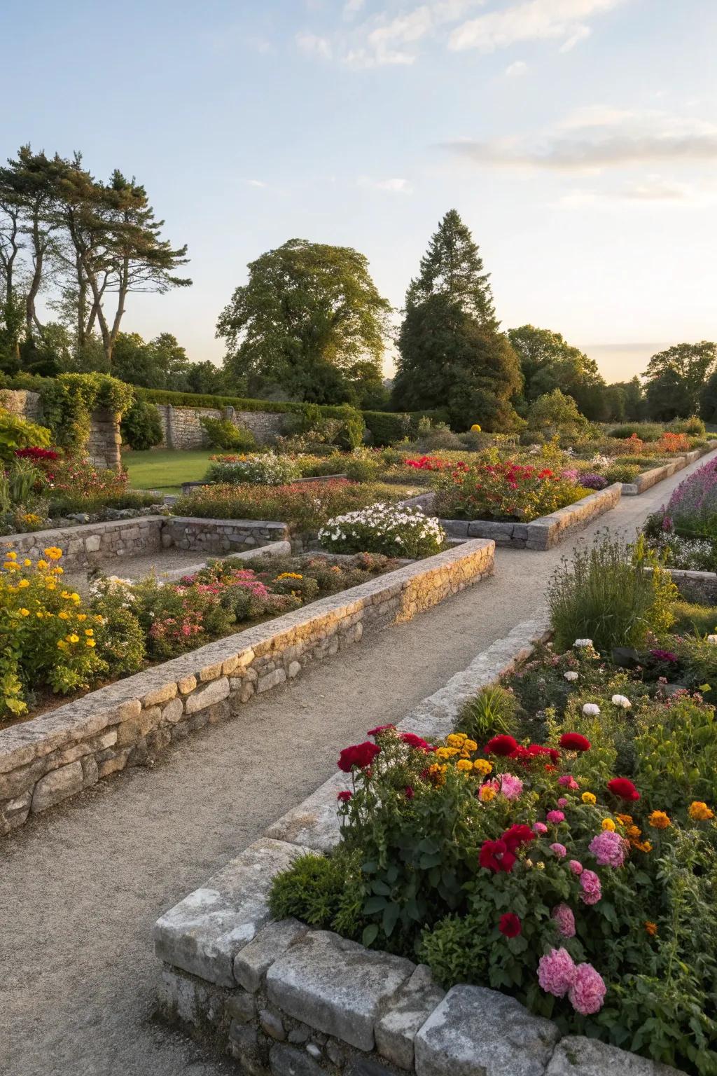Stone walls bring organization and definition to garden borders.